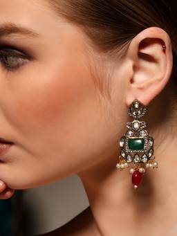 VENI - 18K Gold Plated Artificial Stones Studded and Beaded Contemporary Drop Earrings