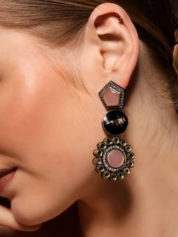 VENI - Gold-Plated Artificial Stones Studded Contemporary Shaped Drop Earrings