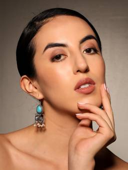 VENI - 925 Sterling Silver Artificial Stones Studded and Beaded Oxidised Drop Earrings