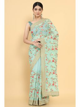 Soch - Women Green Organza Embroidered Saree with Unstitched Blouse