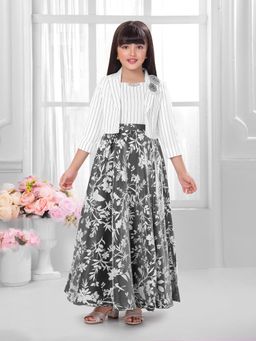 TINY BABY - Satin Woven Three Fourth Sleeves Floral Printed Gown and Jacket - White