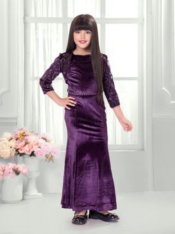 TINY BABY - Velvet Woven Three Fourth Sleeves Sequin Gown and Jacket With Belt - Wine