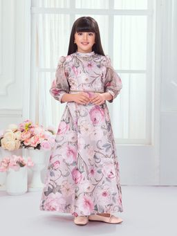 TINY BABY - Satin Woven Three Fourth Sleeves Floral Printed Gown and Belt - Purple