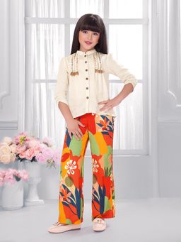 TINY BABY - Synthetic Woven Three Fourth Sleeves Floral Printed Top and Pant - Cream