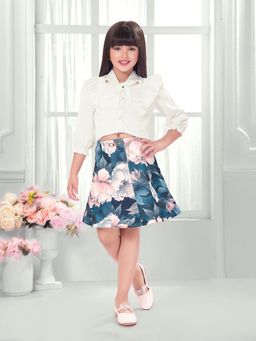 TINY BABY - Satin Woven Three Fourth Sleeves Top and Skirt - White
