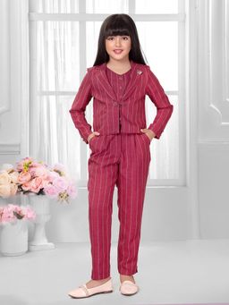 TINY BABY - Synthetic Woven Full Sleeves Top and Pant With Jacket - Maroon