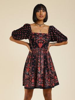 Label Ritu Kumar - Black Floral Printed Short Dress