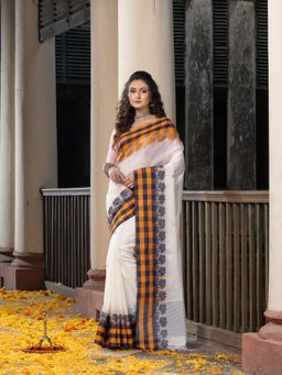 Angoshobha - White All Body Buti Pallu Multi-Color Border Jamdani Saree with Unstitched Blouse