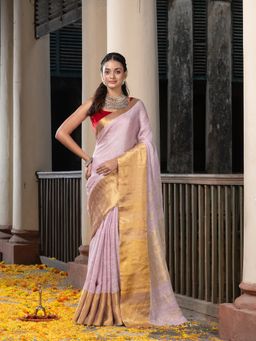 Angoshobha - Pale Purple Linen Traditional Handloom Saree with Unstitched Blouse