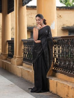 Angoshobha - Black Linen Sequin Work Handwoven Saree with Unstitched Blouse