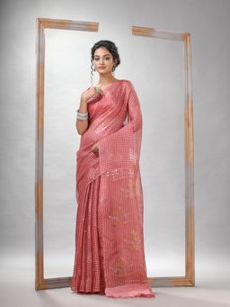 Angoshobha - Traditional Pastel Peach Matka Silk Sequin Soft Jamdani Saree with Unstitched Blouse
