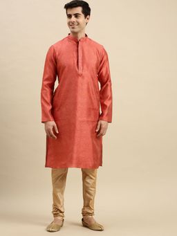 Sanwara - Mens Pink Woven Long Sleeve Art Silk Elegant Kurta with Pyjama (Set of 2)