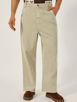 Styli - Cream Solid Wide Fit Jeans