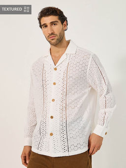 Styli - Off White Self Design Relaxed Fit Shirt