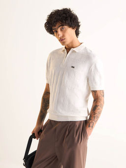The Bear House - White Self Design Regular Fit Polo T-Shirt
