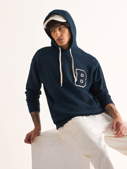 The Bear House - Blue Solid Relaxed Fit Hoodie