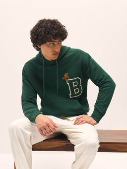 The Bear House - Green Solid Relaxed Fit Hoodie