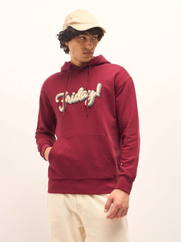 The Bear House - Red Solid Relaxed Fit Hoodie