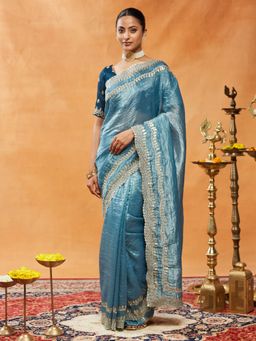 Kasee - Teal Women Organza Sequinned Embroidered Saree with Unstitched Blouse
