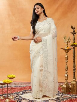 Kasee - Cream Women Pure Chiffon Sequinned Embroidered Saree with Unstitched Blouse