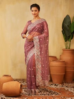 Kasee - Lavender Women Super Net Floral Embroidered Saree with Unstitched Blouse