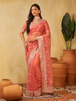 Kasee - Coral Women Super Net Floral Embroidered Saree with Unstitched Blouse