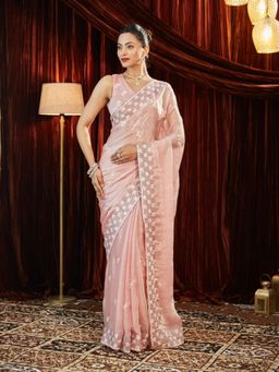 Kasee - Peach Women Pure Chiffon Sequinned Embroidered Saree with Unstitched Blouse