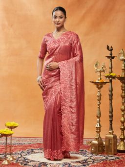 Kasee - Pink Women Pure Organza Thread Embroidered Saree with Unstitched Blouse
