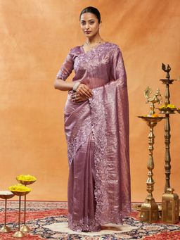 Kasee - Purple Women Pure Organza Thread Embroidered Saree with Unstitched Blouse