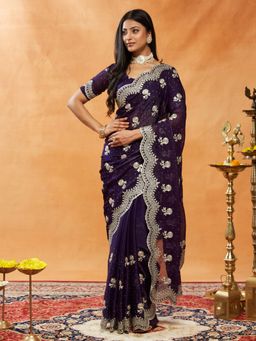 Kasee - Purple Women Pure Chiffon Thread Embroidered Saree with Unstitched Blouse