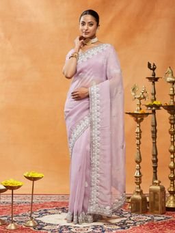 Kasee - Lavender Women Silk Blend Embroidered Saree with Unstitched Blouse