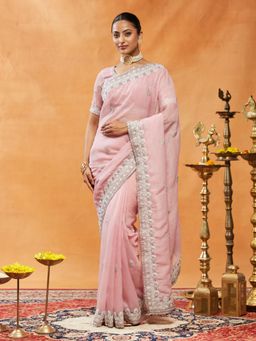 Kasee - Pink Women Silk Blend Embroidered Saree with Unstitched Blouse