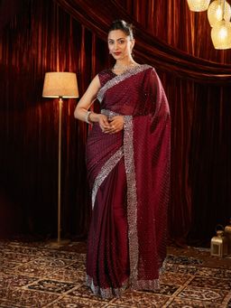 Kasee - Wine Women Silk Blend Stone Embroidered Saree with Unstitched Blouse