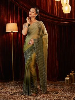 Kasee - Olive Women Silk Blend Ombre Stone Embroidered Saree with Unstitched Blouse