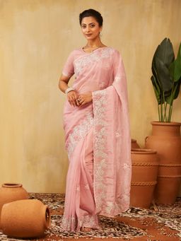Kasee - Pink Women Silk Blend Stone Embroidered Saree with Unstitched Blouse