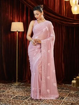 Kasee - Pink Women Stone & Thread Embroidered Saree with Unstitched Blouse
