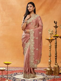 Kasee - Pink Women Silk Blend Embroidered Saree with Unstitched Blouse