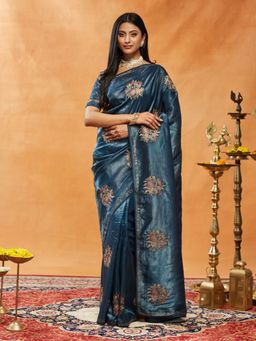 Kasee - Turquoise Women Pure Organza Floral Embroidered Saree with Unstitched Blouse