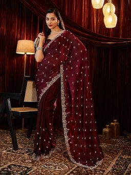 Kasee - Burgundy Women Silk Blend Stone Embellished Saree with Unstitched Blouse