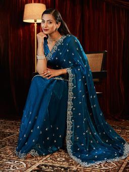 Kasee - Turquoise Women Silk Blend Stone Embellished Saree with Unstitched Blouse