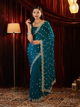 Kasee - Teal Women Silk Blend Stone Embellished Saree with Unstitched Blouse