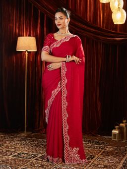 Kasee - Red Women Silk Blend Stone Embellished Saree with Unstitched Blouse