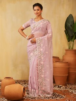Kasee - Pink Women Pure Chiffon Floral Embroidered Saree with Unstitched Blouse