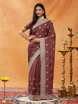 Kasee - Burgundy Women Pure Chiffon Embroidered Saree with Unstitched Blouse