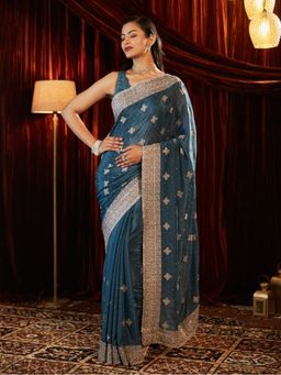 Kasee - Turquoise Women Pure Chiffon Embroidered Saree with Unstitched Blouse