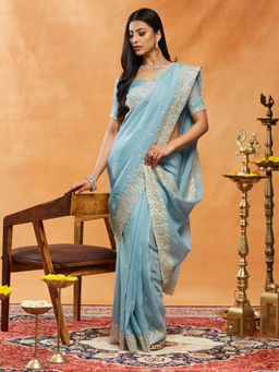 Kasee - Blue Women Pure Chiffon Embroidered Saree with Unstitched Blouse