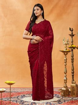 Kasee - Red Women Pure Georgette Chikankari Embroidered Saree with Unstitched Blouse