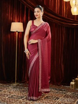 Kasee - Magenta Women Silk Blend Stone Embellished Saree with Unstitched Blouse