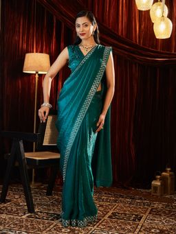 Kasee - Teal Women Silk Blend Stone Embellished Saree with Unstitched Blouse
