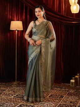 Kasee - Grey Women Art Silk Beads And Stone Embroidered Saree with Unstitched Blouse